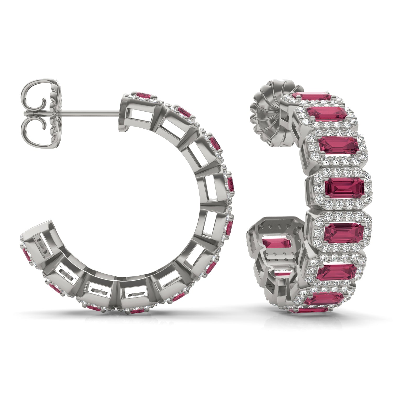 1 1/2 CTW Round Caydia® Lab Grown Diamond Halo Hoop Earrings featuring Created Ruby