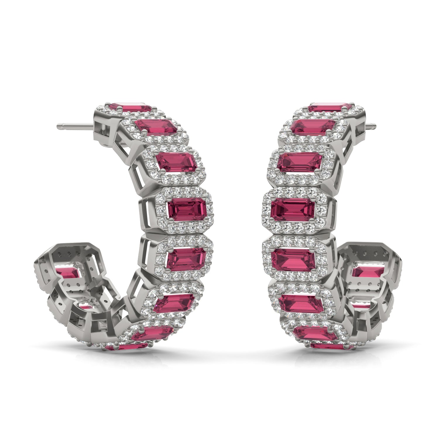 1 1/2 CTW Round Caydia® Lab Grown Diamond Halo Hoop Earrings featuring Created Ruby