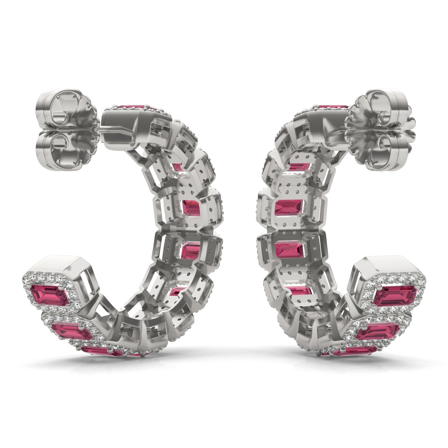 1 1/2 CTW Round Caydia® Lab Grown Diamond Halo Hoop Earrings featuring Created Ruby