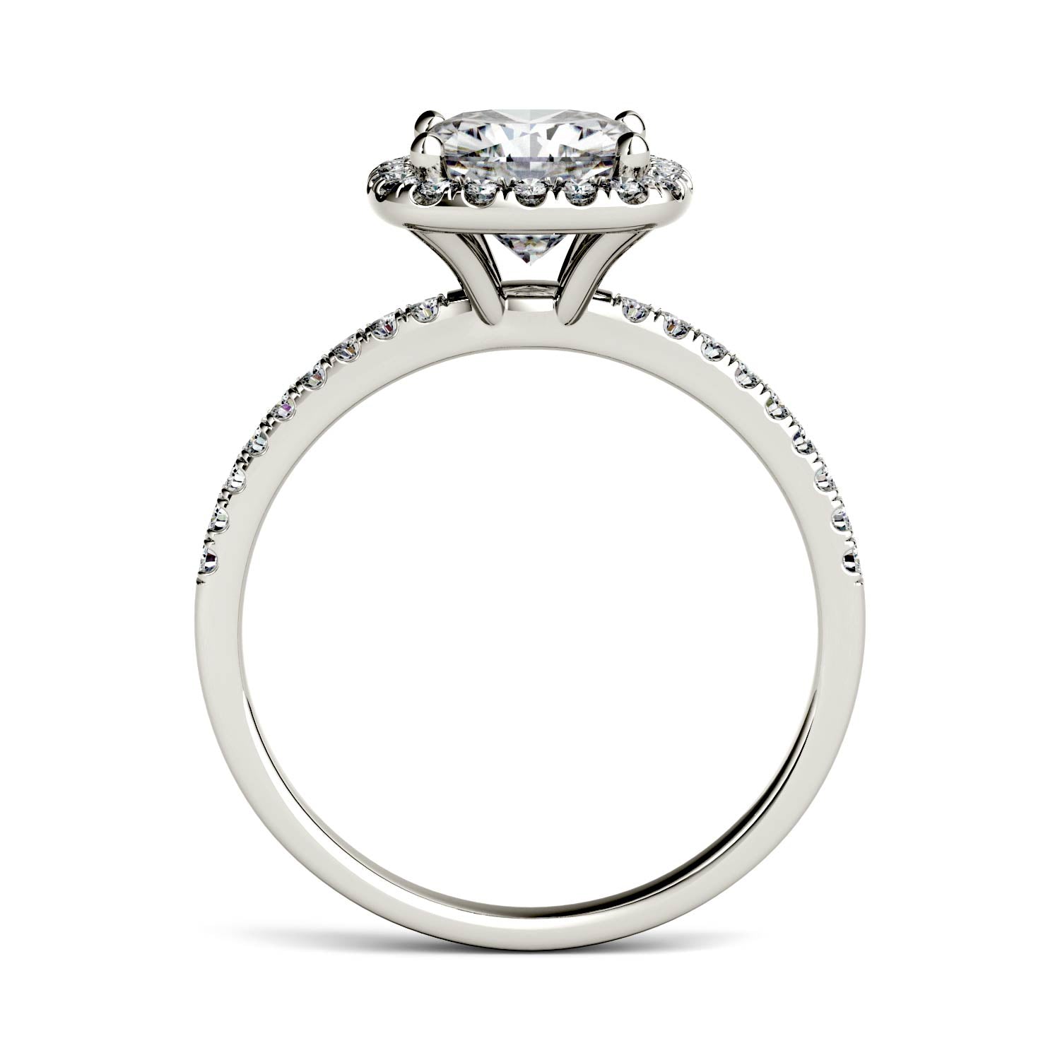 1.60 CTW DEW Cushion Forever One™ Moissanite Halo with Side Accents Engagement Ring