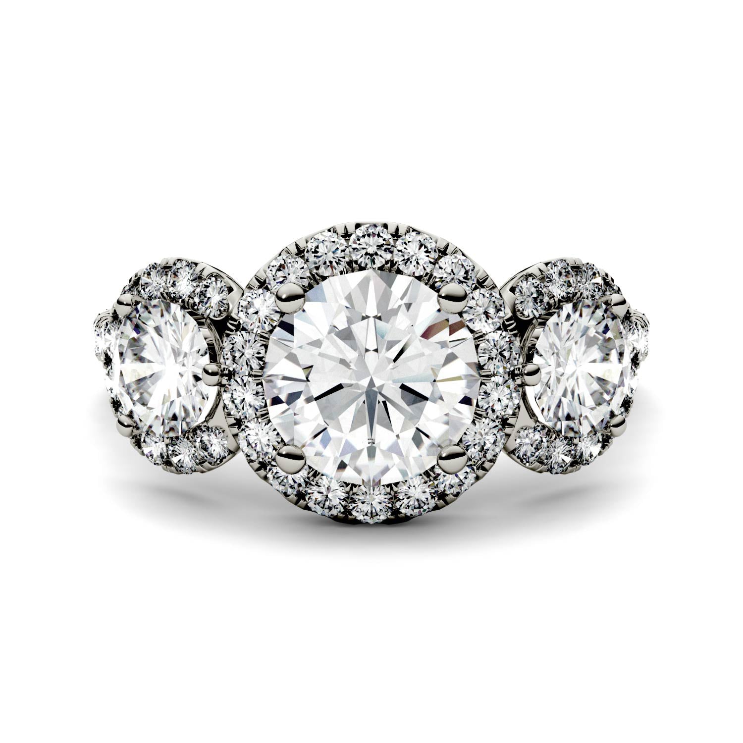 3.09 CTW DEW Round Forever One™ Moissanite Three Stone Halo Ring