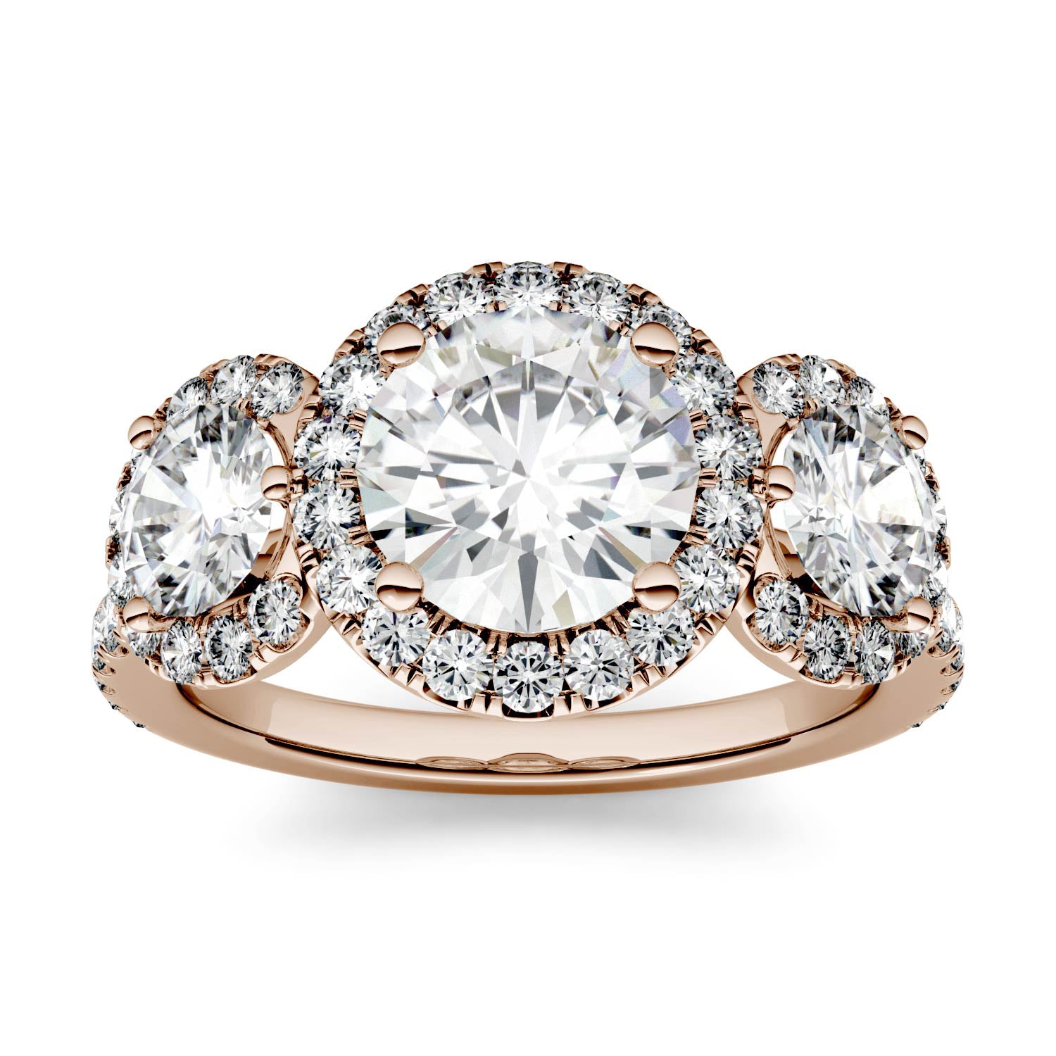 3.09 CTW DEW Round Forever One™ Moissanite Three Stone Halo Ring