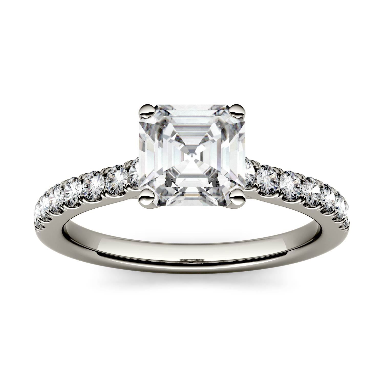 1.58 CTW DEW Asscher Forever One™ Moissanite Solitaire with Side Accents Engagement Ring