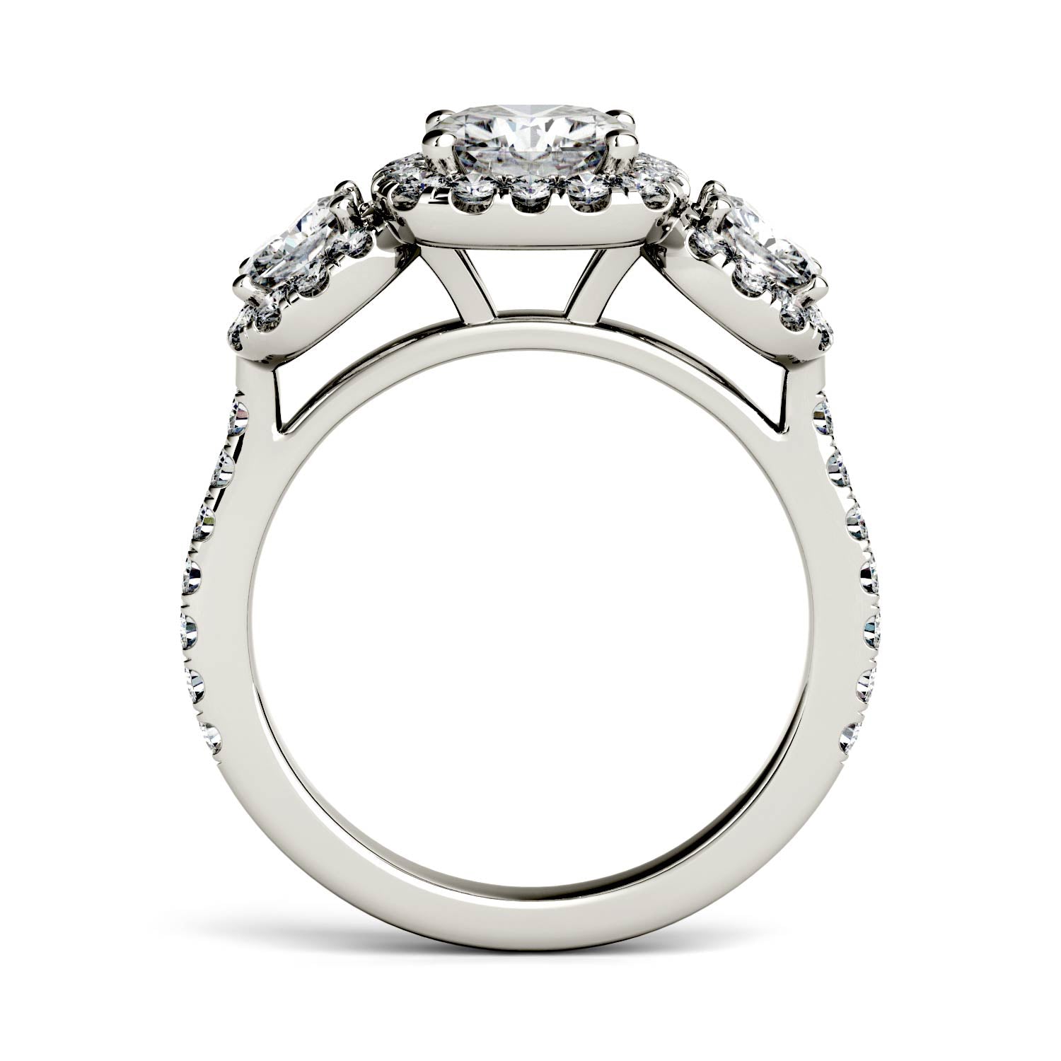 2.31 CTW DEW Cushion Forever One™ Moissanite Three Stone Halo Ring