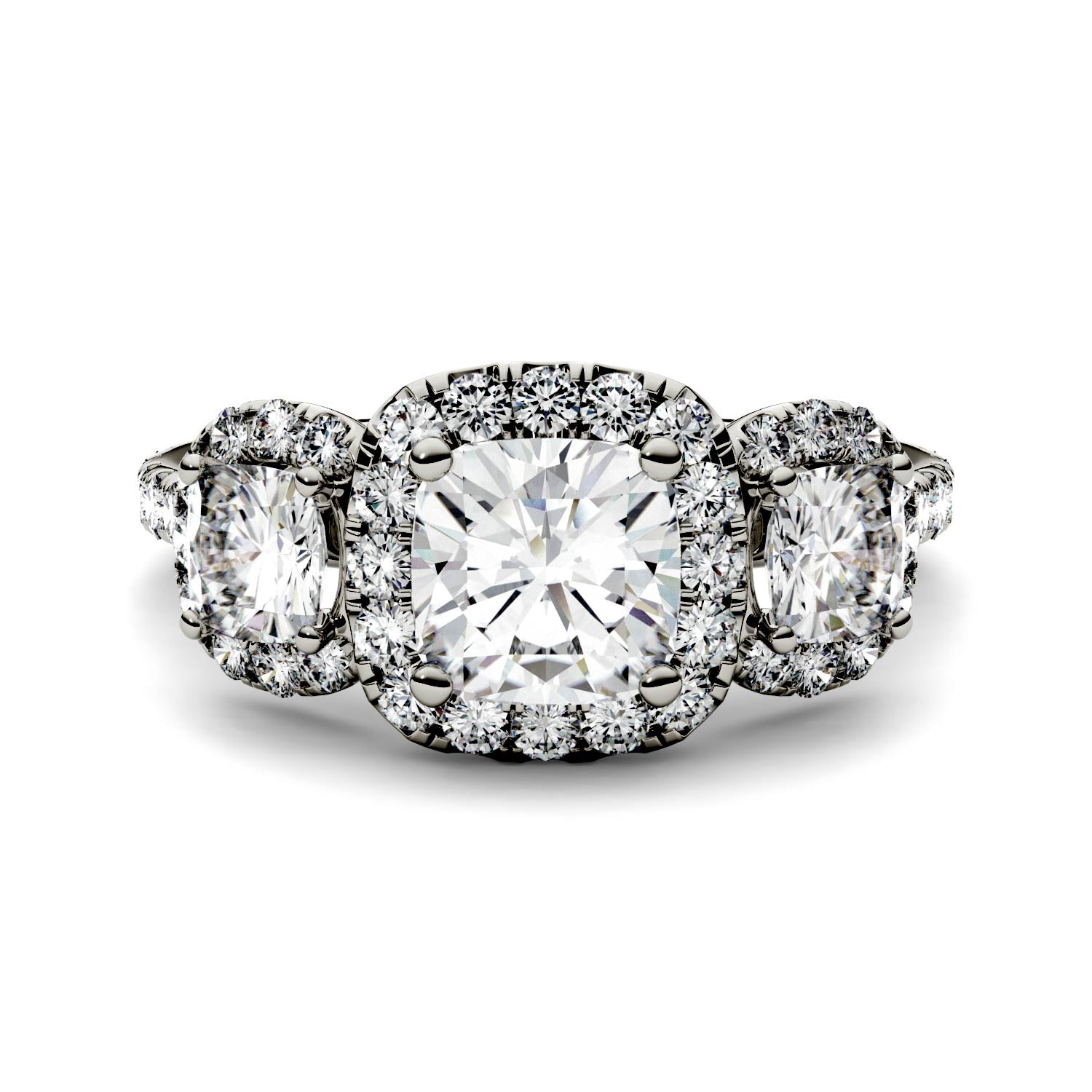 2.31 CTW DEW Cushion Forever One™ Moissanite Three Stone Halo Ring