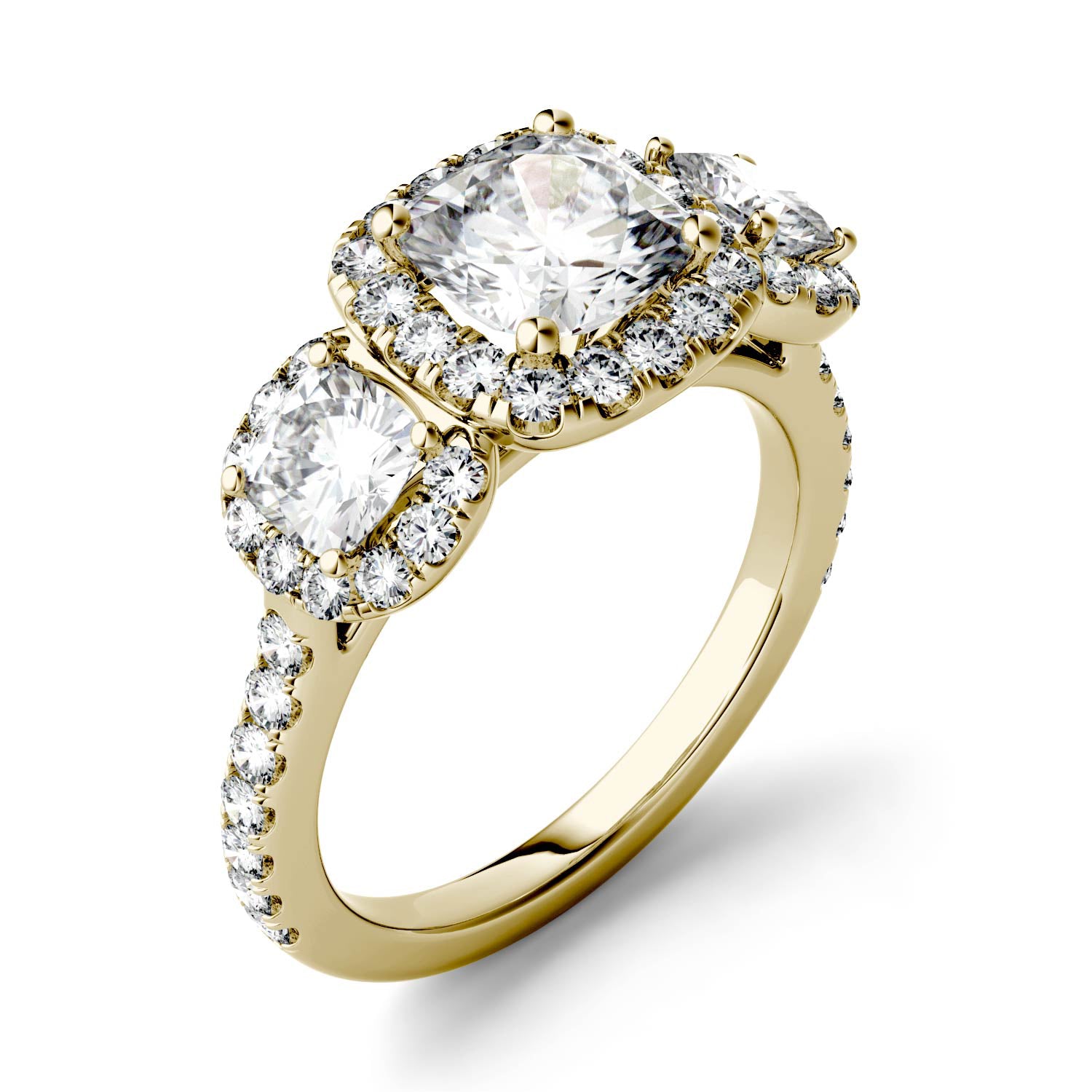 2.31 CTW DEW Cushion Forever One™ Moissanite Three Stone Halo Ring