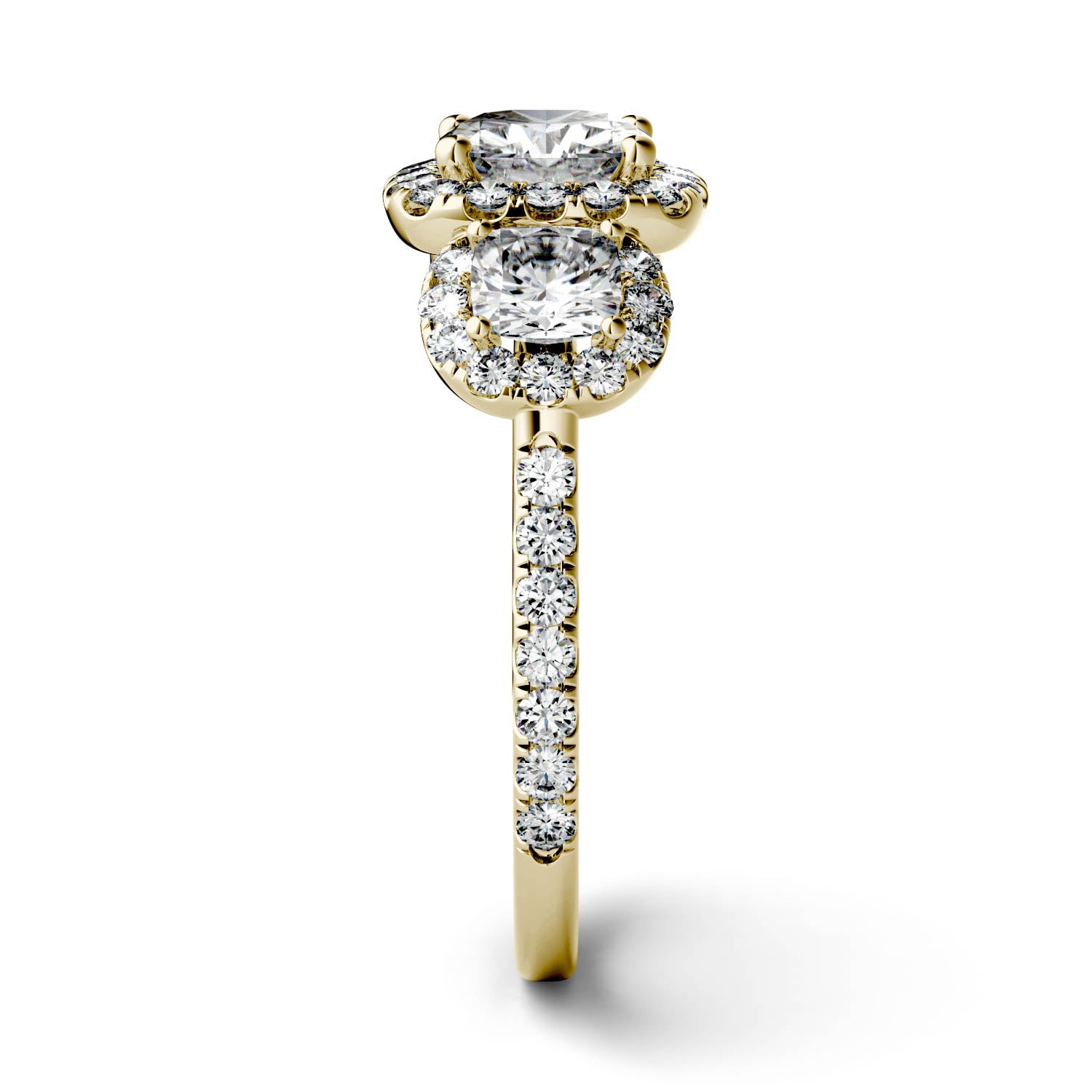 2.31 CTW DEW Cushion Forever One™ Moissanite Three Stone Halo Ring