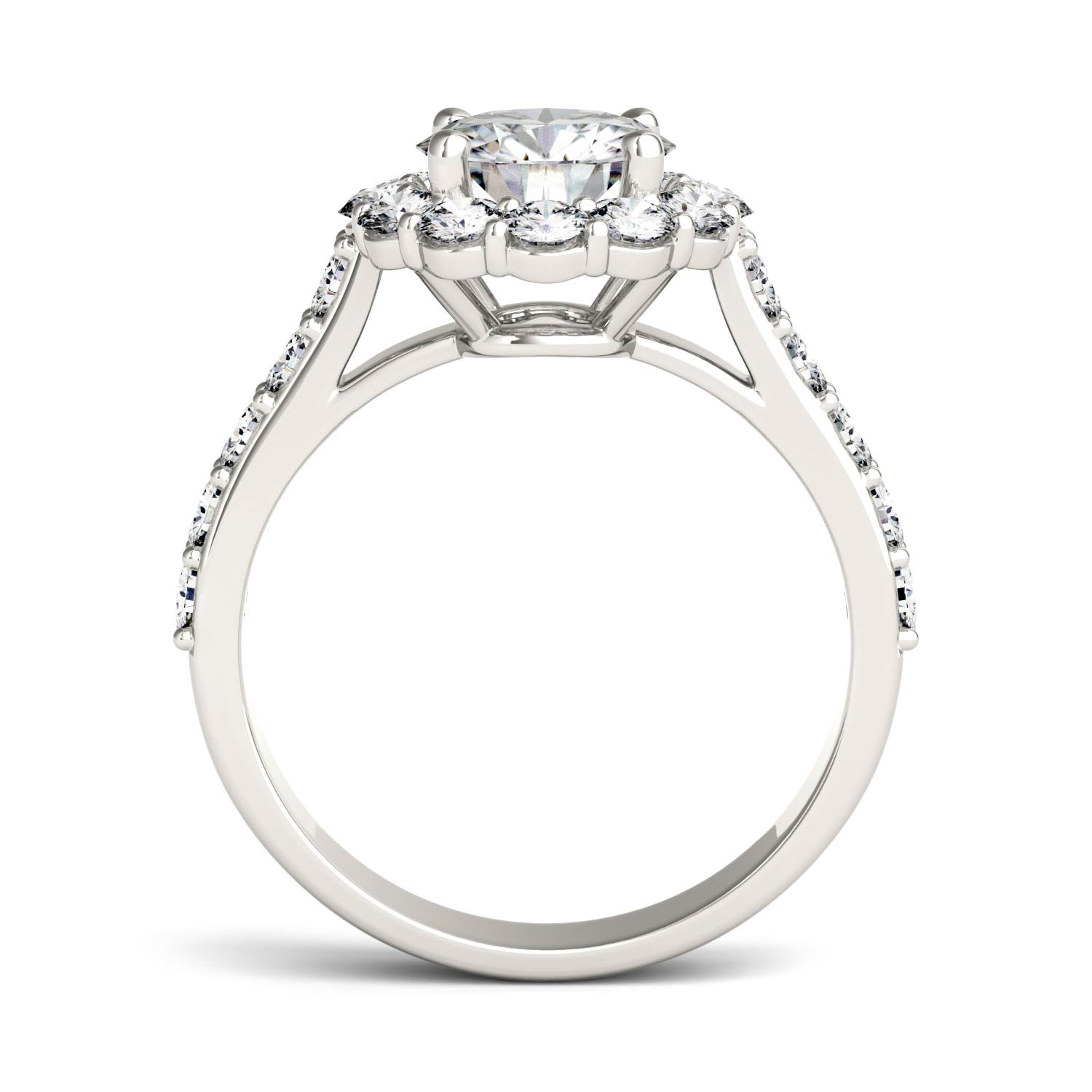 2.60 CTW DEW Round Forever One™ Moissanite Halo with Side Accents Engagement Ring