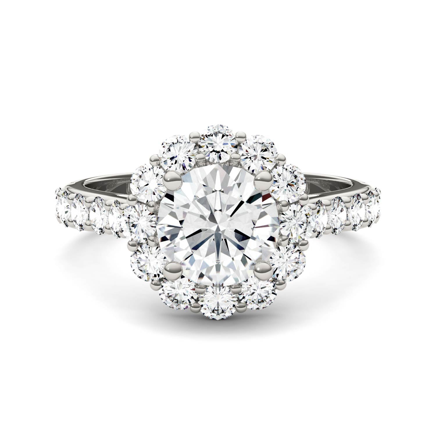 2.60 CTW DEW Round Forever One™ Moissanite Halo with Side Accents Engagement Ring