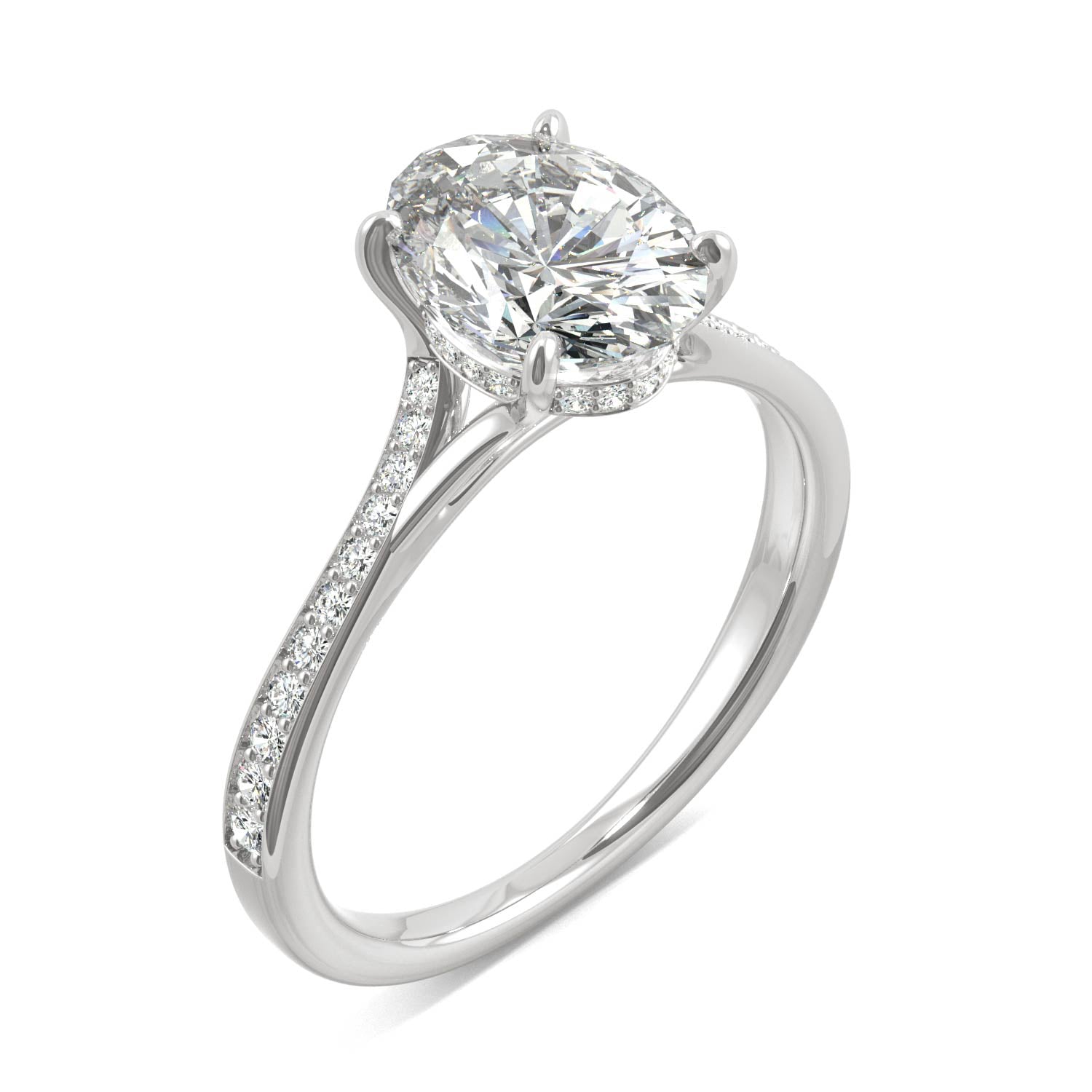 2.25 CTW DEW Oval Forever One™ Moissanite Side Stone Engagement Ring with Hidden Halo Ring