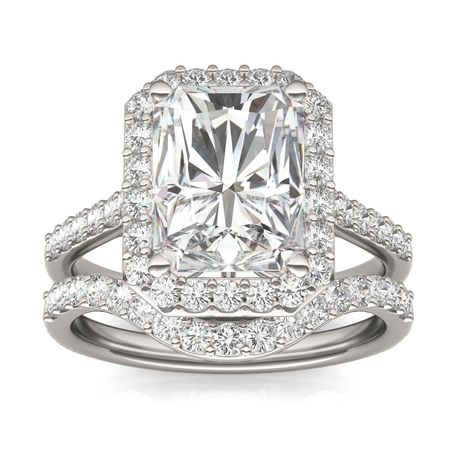 4.82 CTW DEW Radiant Forever One™ Moissanite Signature Halo with Side Accents Wedding Set Ring