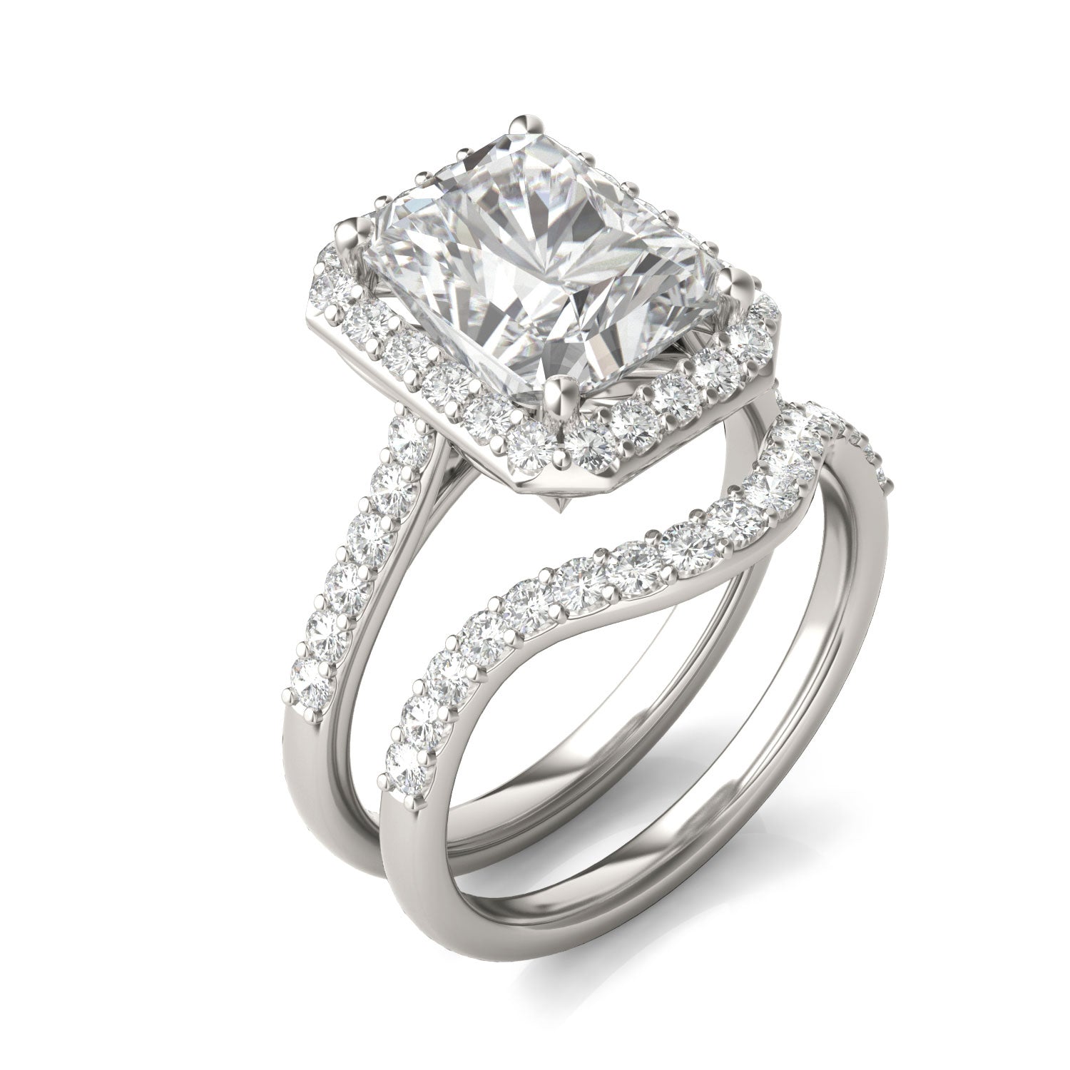 4.82 CTW DEW Radiant Forever One™ Moissanite Signature Halo with Side Accents Wedding Set Ring