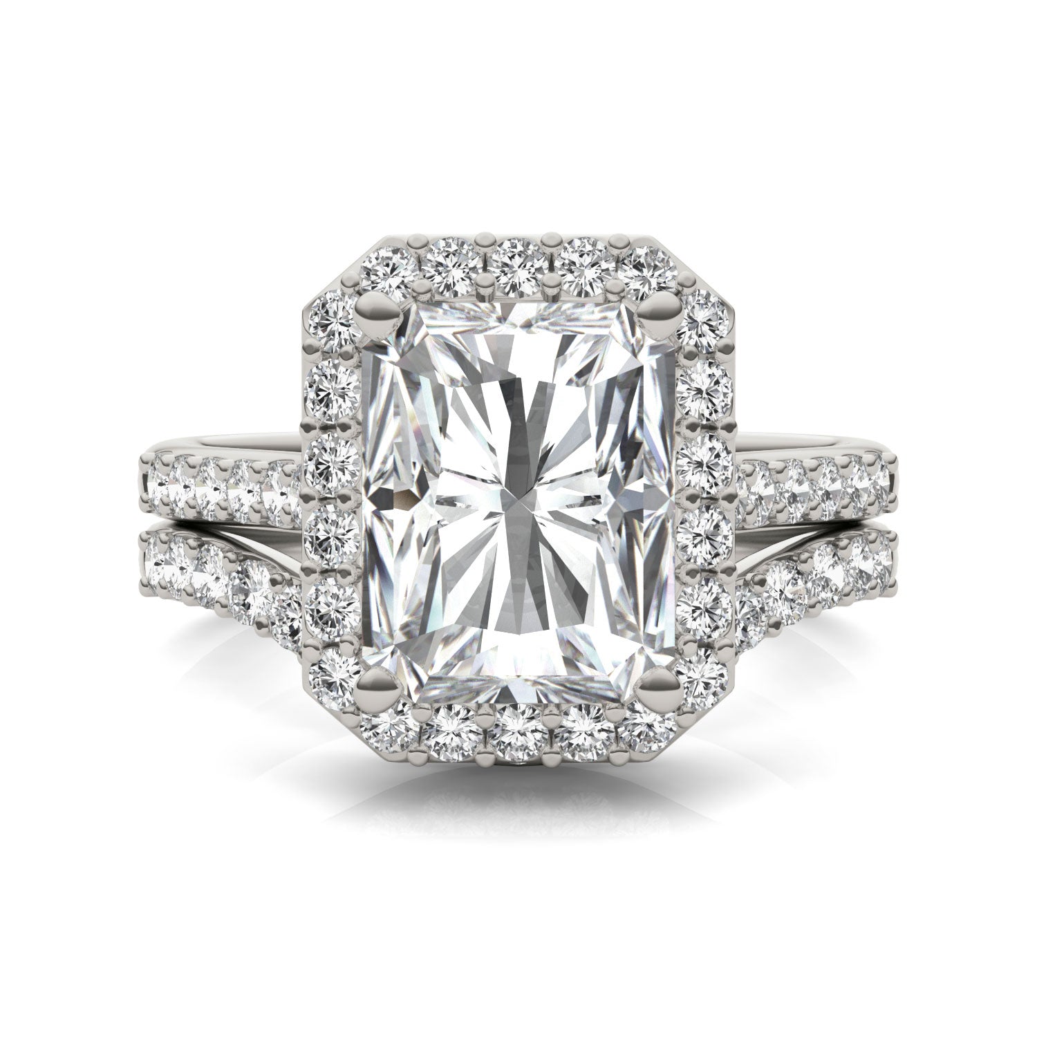 4.82 CTW DEW Radiant Forever One™ Moissanite Signature Halo with Side Accents Wedding Set Ring