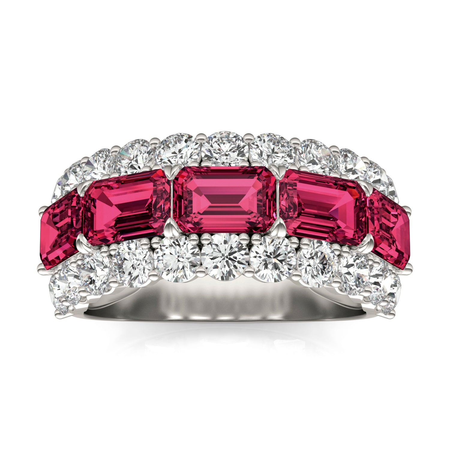 1 3/4 CTW Round Caydia® Lab Grown Diamond Three Row Ring featuring Created Ruby