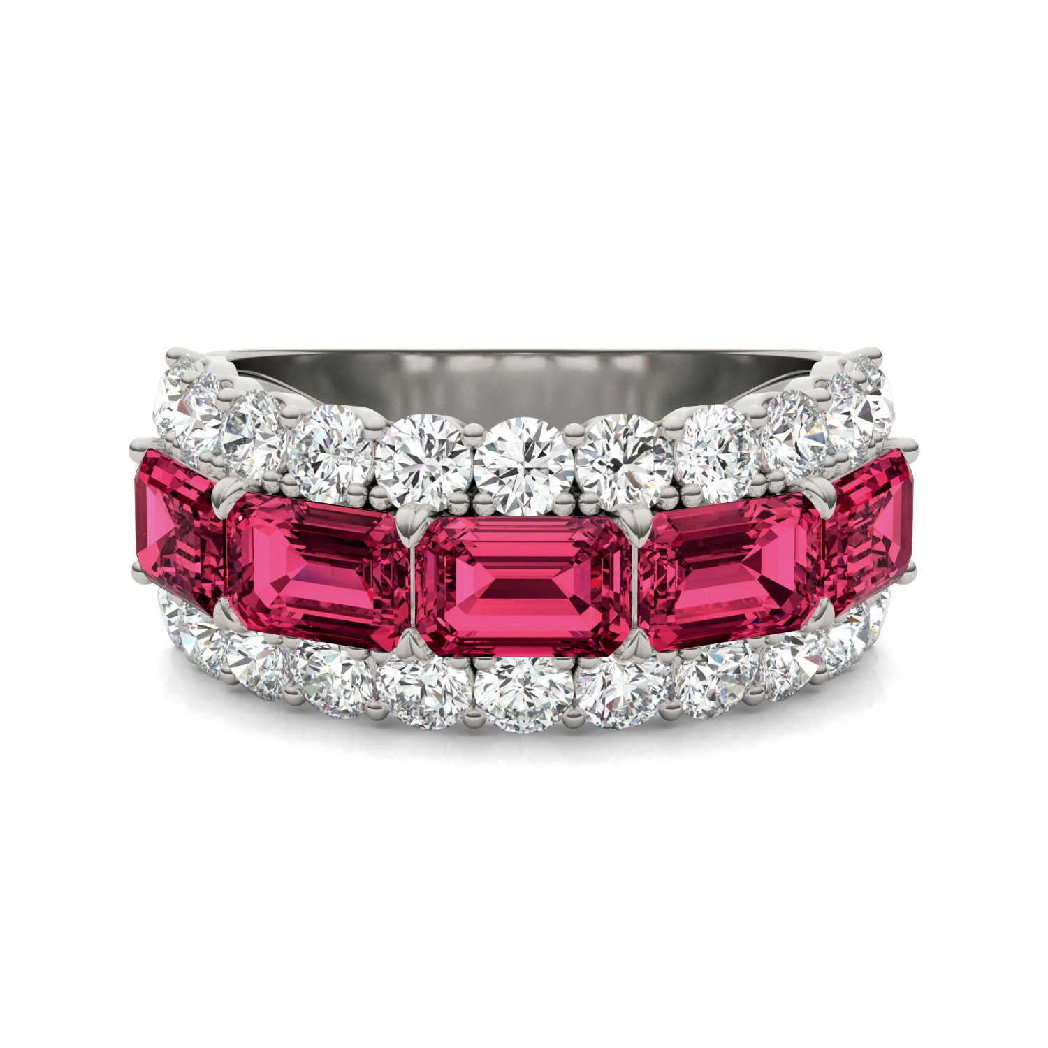 1 3/4 CTW Round Caydia® Lab Grown Diamond Three Row Ring featuring Created Ruby