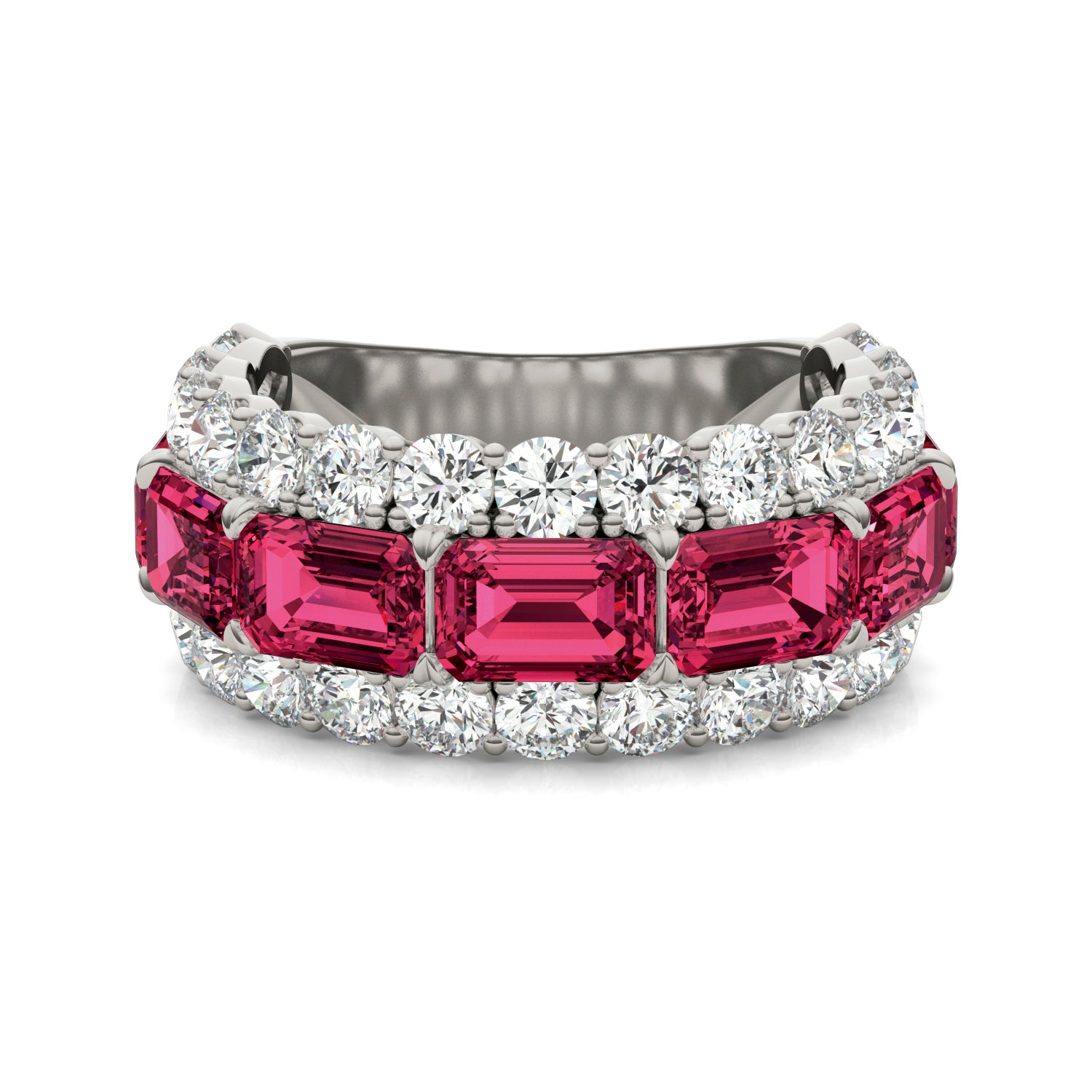 2 2/5 CTW Round Caydia® Lab Grown Diamond Three Row Ring featuring Created Ruby