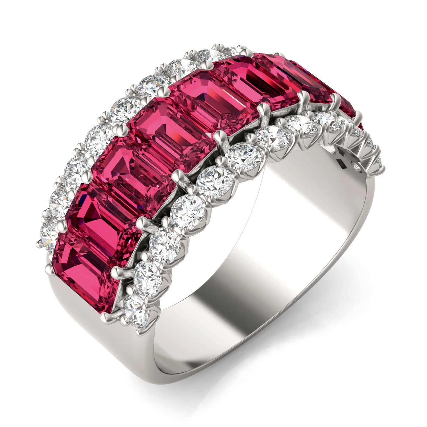 7/8 CTW Round Caydia® Lab Grown Diamond Three Row Ring featuring Created Ruby