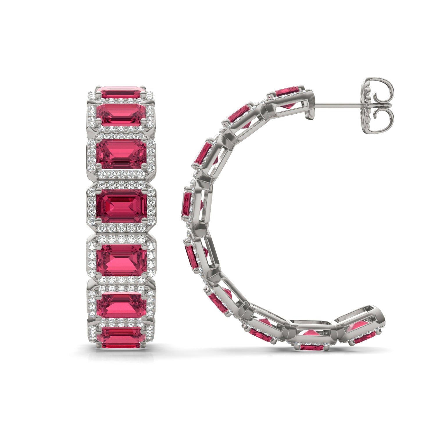 2 1/4 CTW Round Caydia® Lab Grown Diamond Halo Hoop Earrings featuring Created Ruby