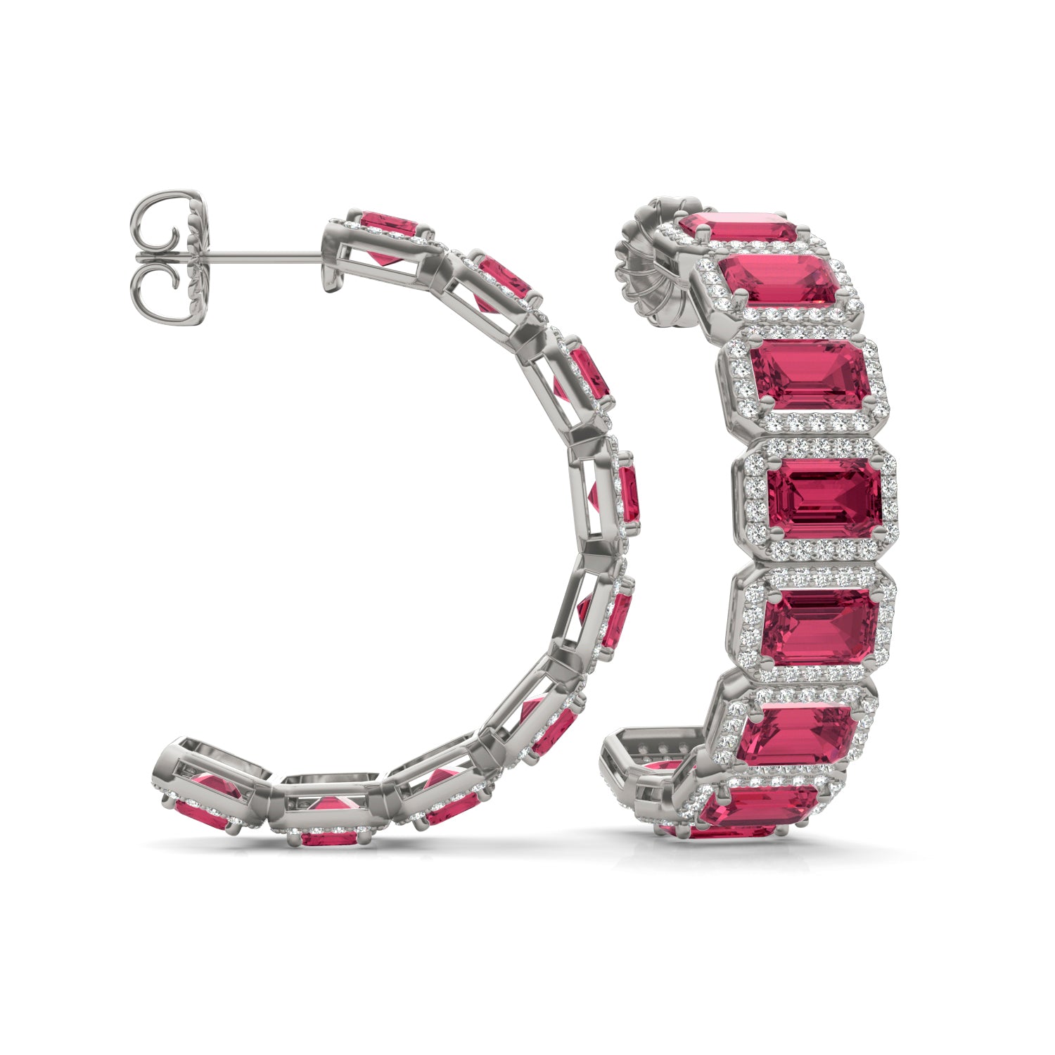 2 1/4 CTW Round Caydia® Lab Grown Diamond Halo Hoop Earrings featuring Created Ruby