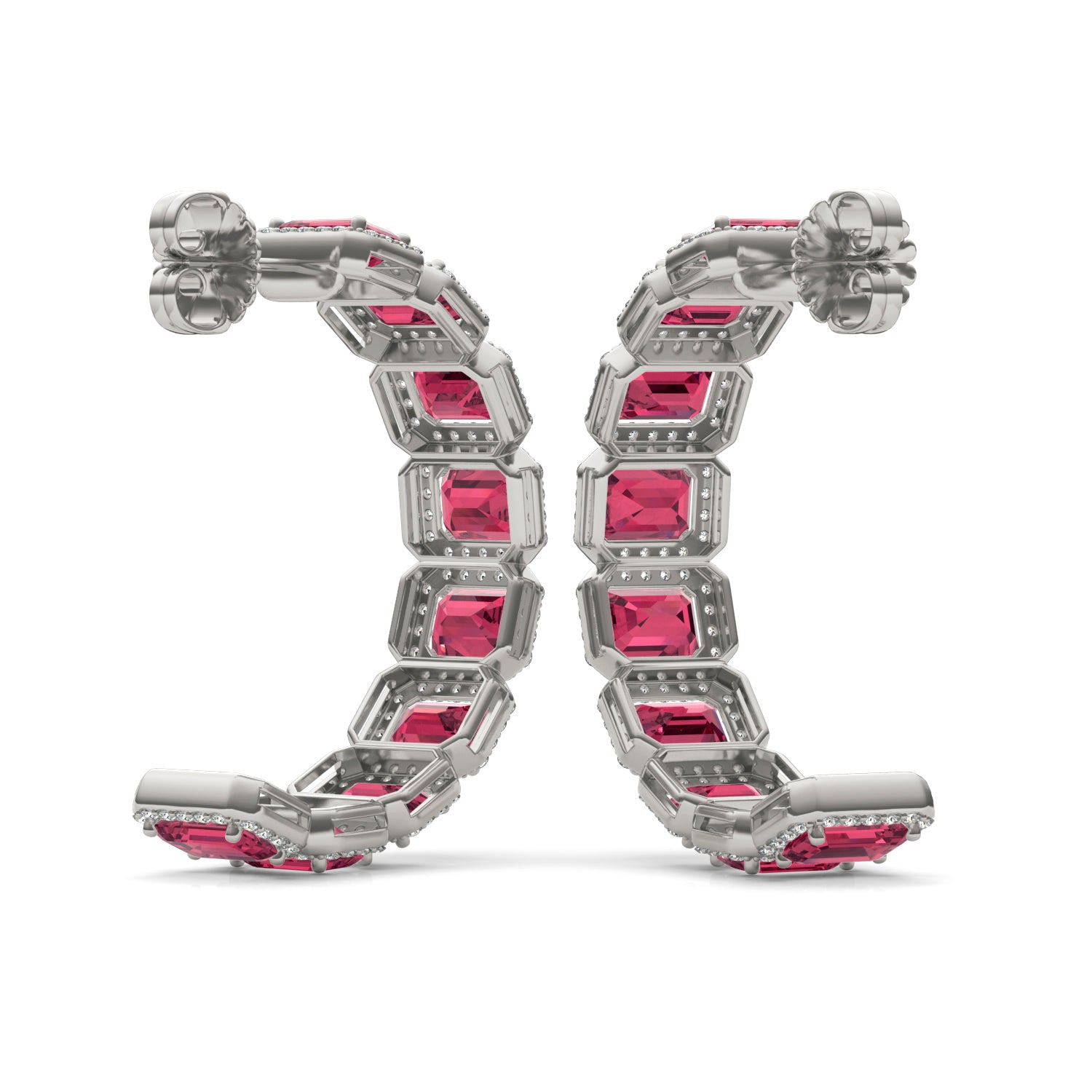 2 1/4 CTW Round Caydia® Lab Grown Diamond Halo Hoop Earrings featuring Created Ruby